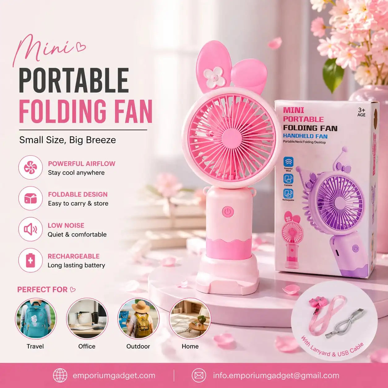 Foldable Rechargeable Fan (Compact Travel Friendly)